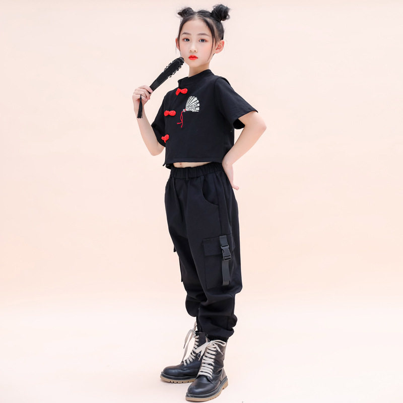 女童露肚脐爵士舞服装儿童架子鼓表演服女孩街舞套装模特走秀嘻哈
