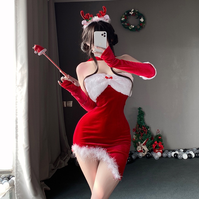 圣诞新款红色系圣诞服性感连衣裙纯色套装新年战袍情趣战衣表演服