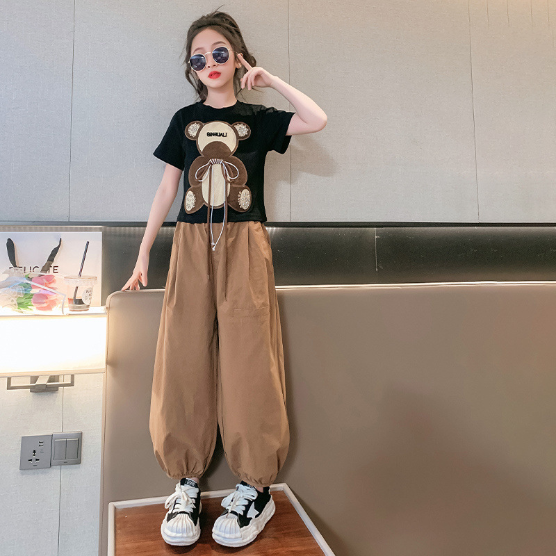 女童夏季套装2025新款儿童洋气女孩夏款韩版小熊印花卫衣两件套