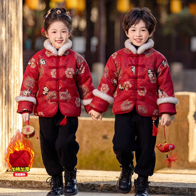 男童冬季拜年服加绒加厚中国风唐装儿童汉服过年服周岁礼服拜年服