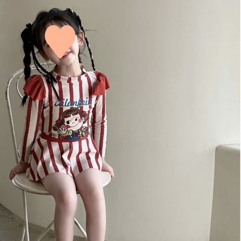 儿童女宝泳衣红色女孩不二家分体泳衣裙式新款可爱卡通防晒长袖