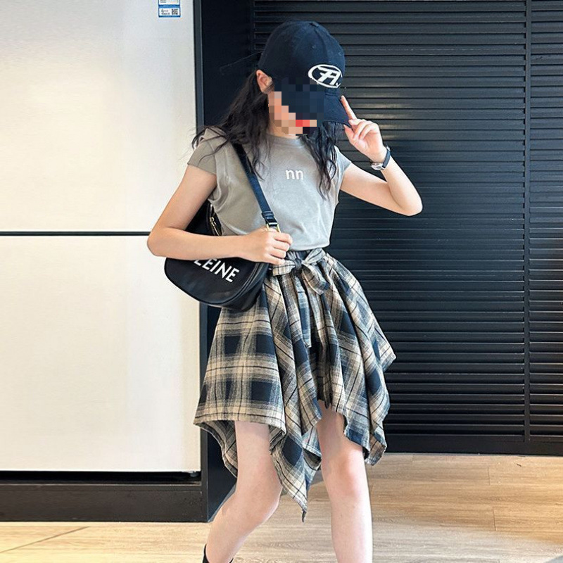 女童夏季短袖套装2025新款洋气镂空背心格子裤裙两件套笙陇