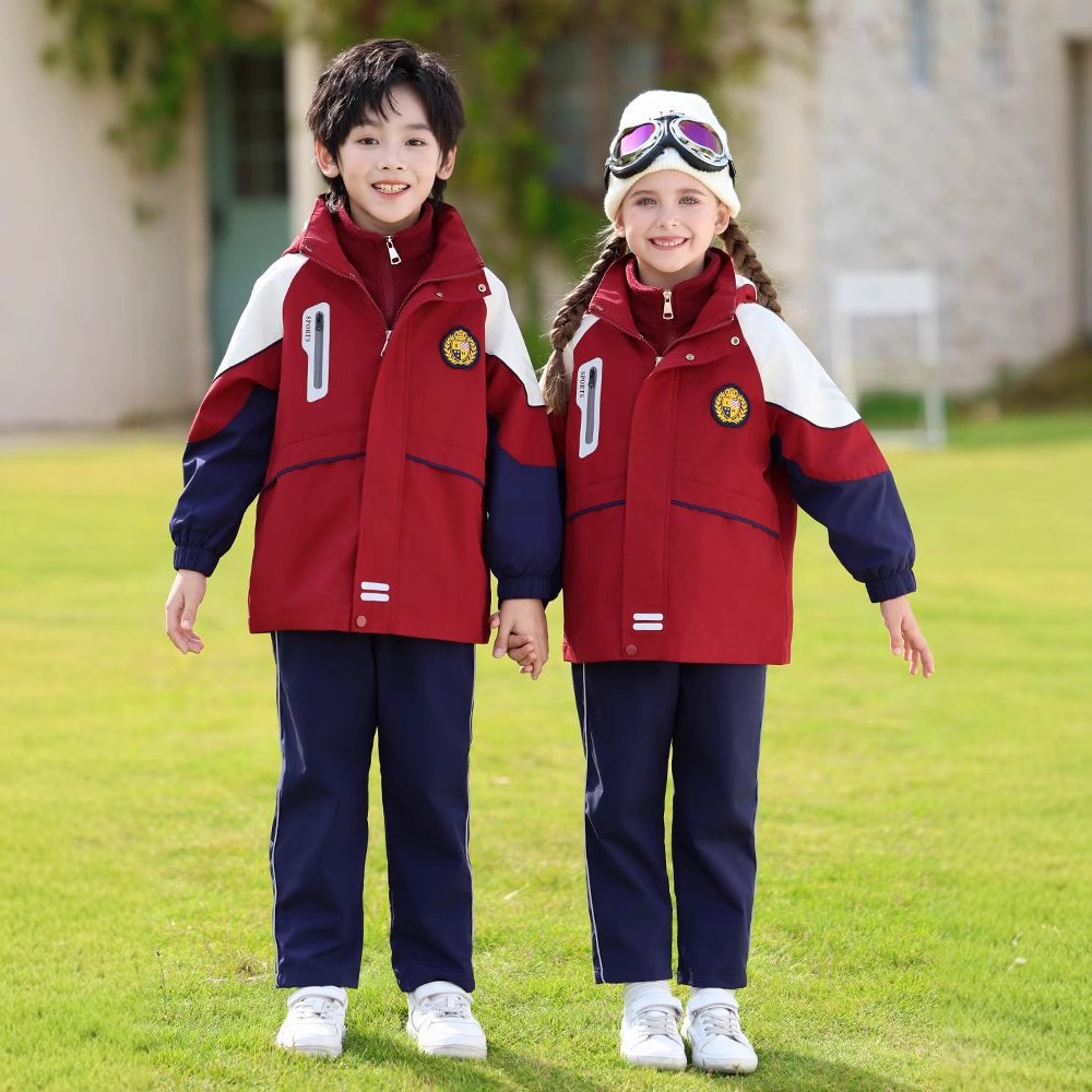 小学生冬季校服冲锋衣三件套可拆卸厚儿童红色班服幼儿园秋冬