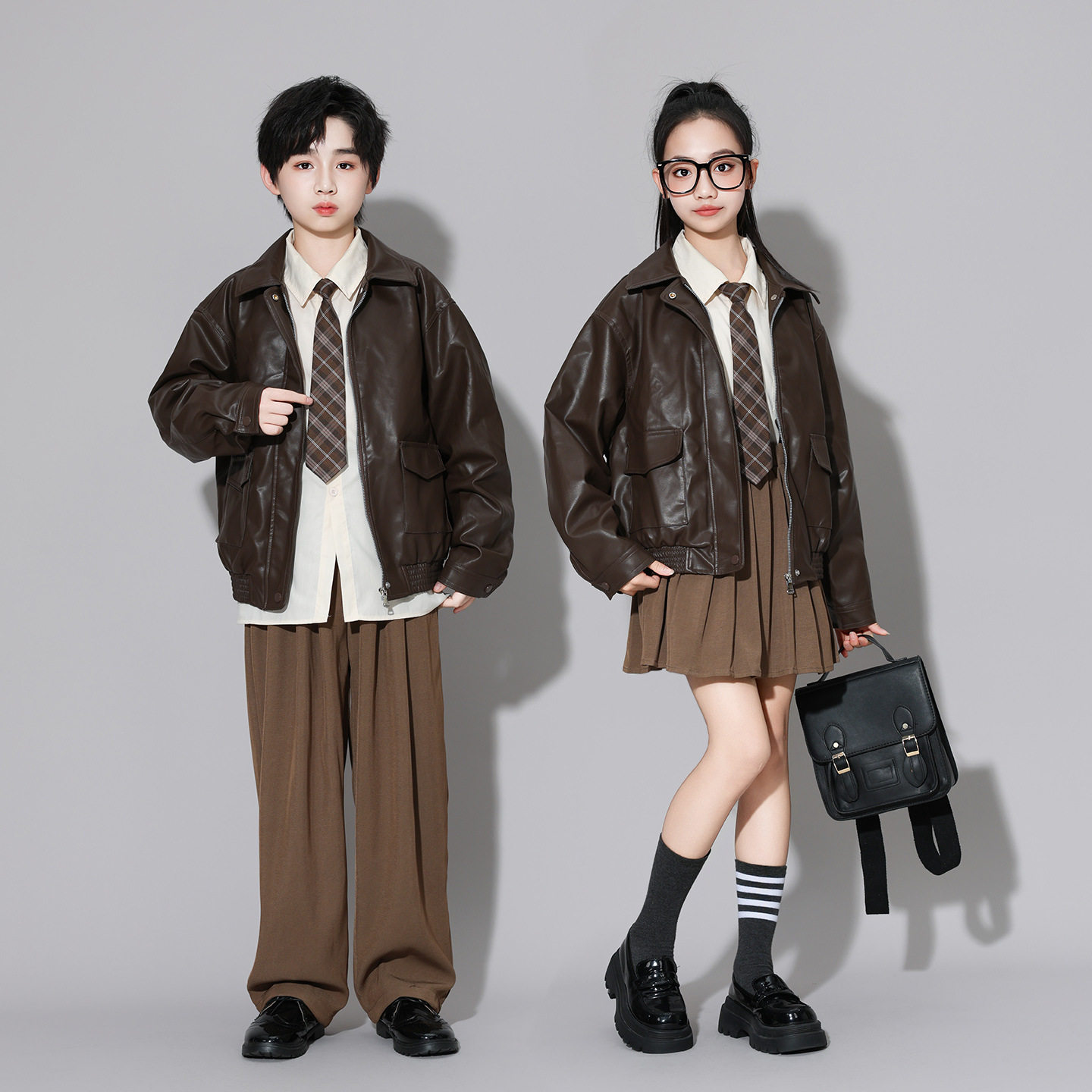 儿童机车夹克潮演出服班服表演服小学生皮衣外套秋冬款港风复古感