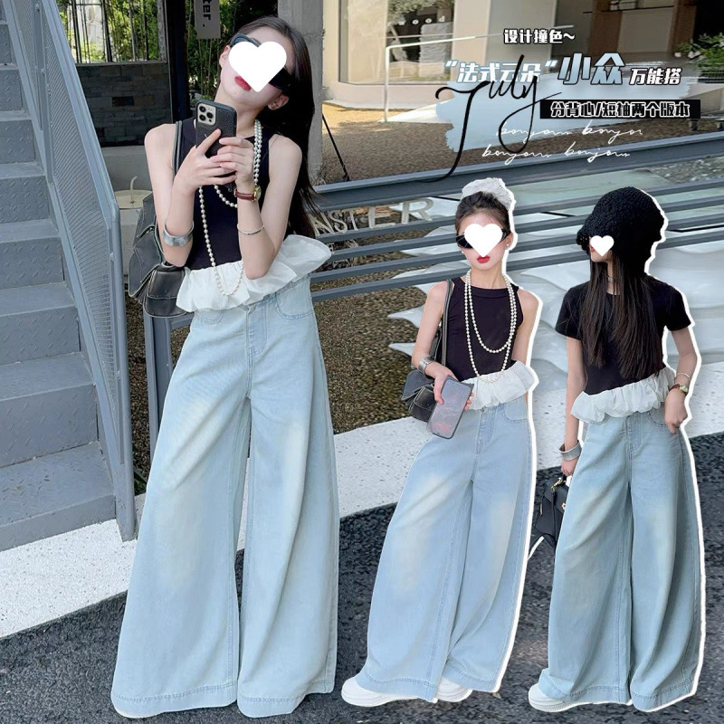 女童黑色短袖夏季洋气儿童荷叶边修身中大童上衣牛仔阔腿裤套装