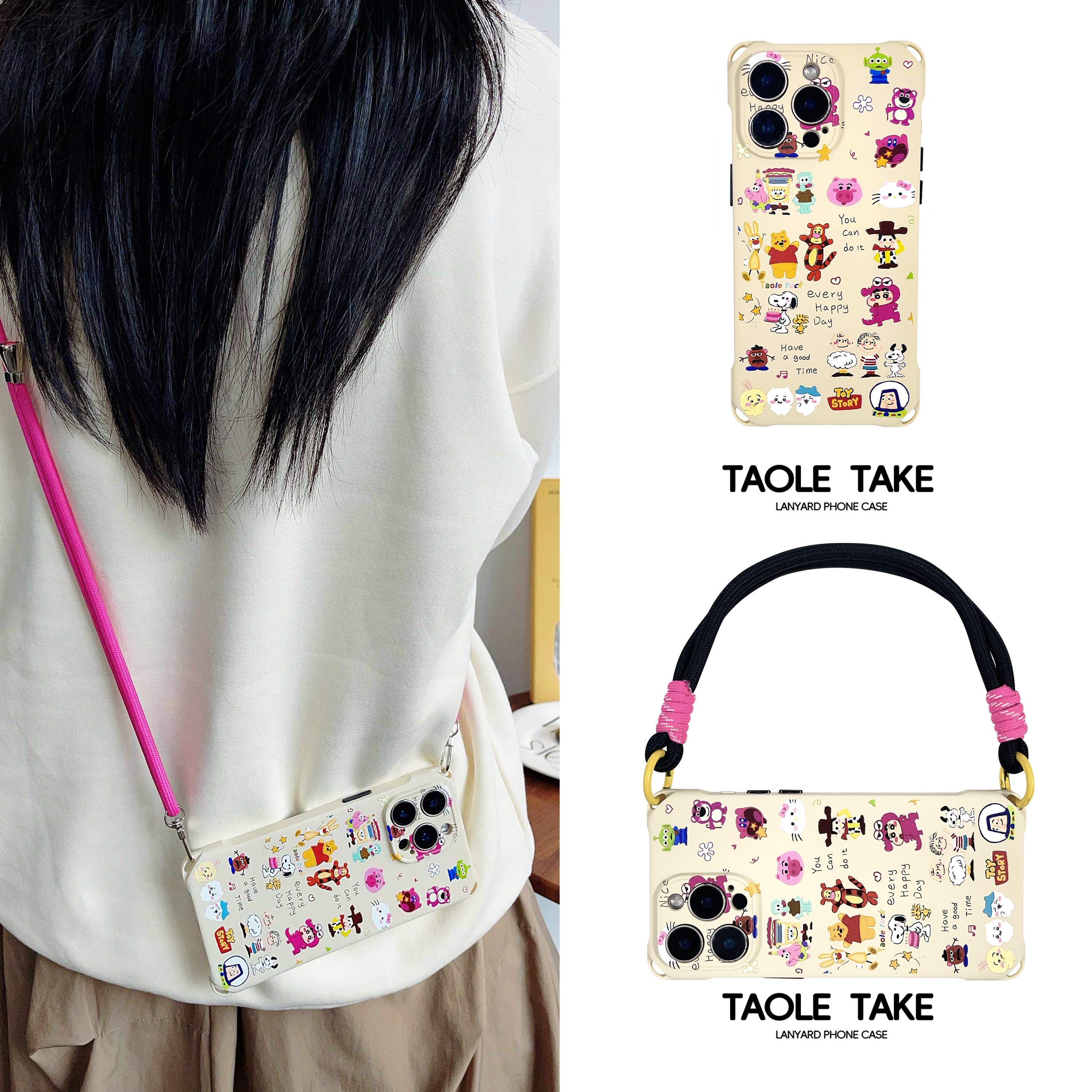 四角带孔卡通人物挂绳斜挎手机壳