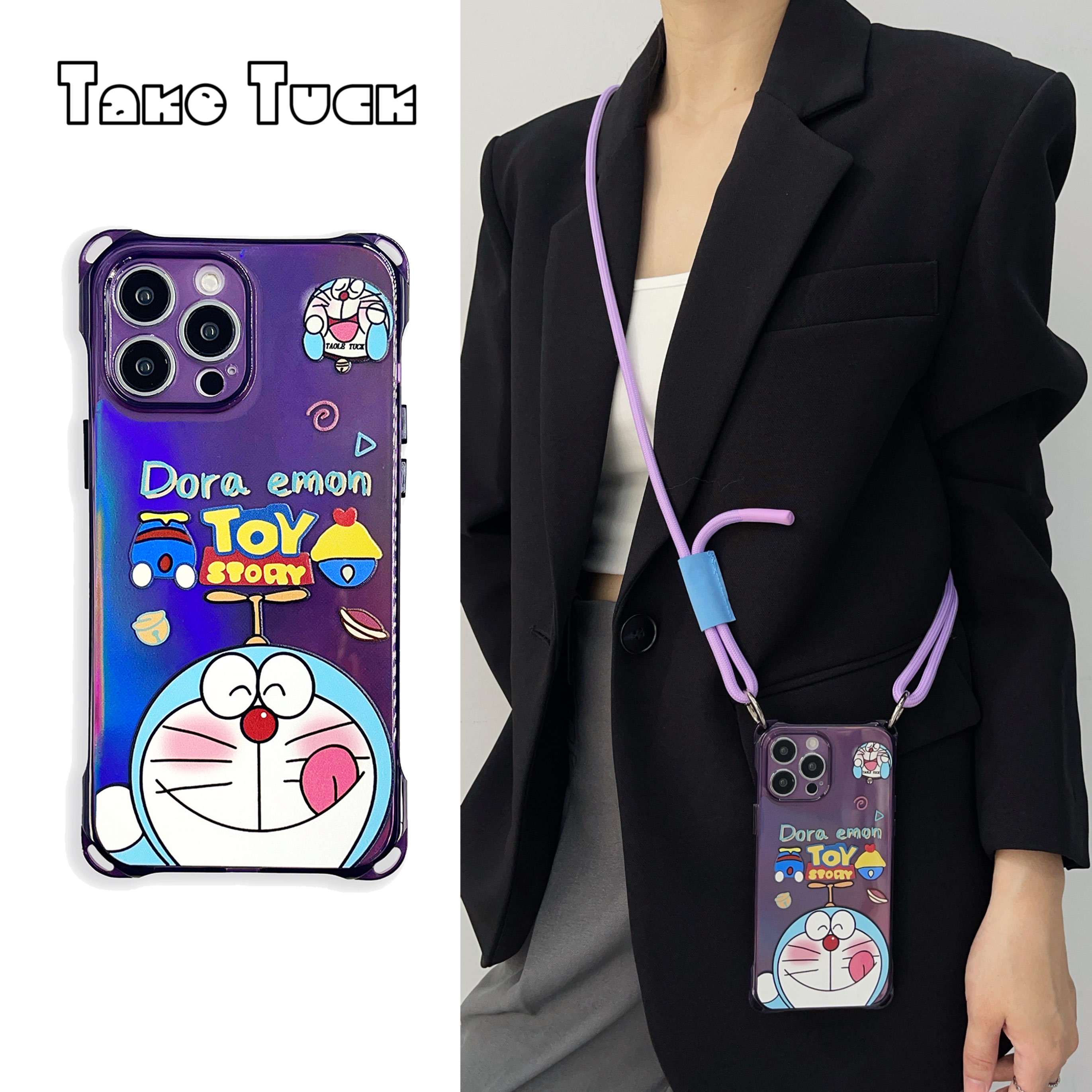 四孔透紫哆啦A梦挂绳全包手机壳