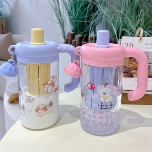日本大容量水杯女生上班族简约吸管杯家用把手茶隔便携杯子ins风