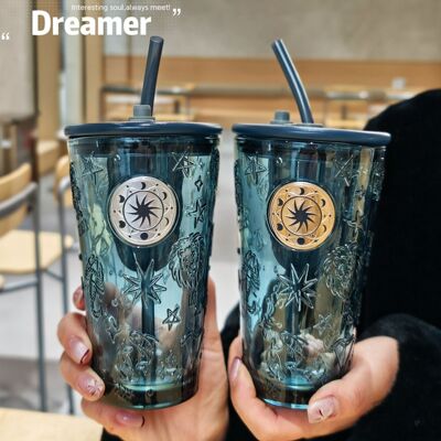 日本时尚精美星座玻璃杯耐高温墨蓝色家用水杯高级吸管杯礼品水杯