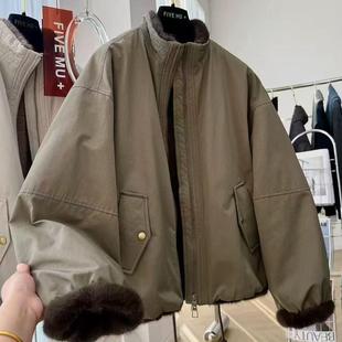 2025新款高级感立领短款工装外套女冬季毛毛内胆仿皮草派克服夹克