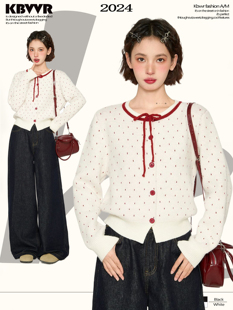 白色圆点针织衫秋冬女开衫短羊毛针织衫春装下装衬衫上衣