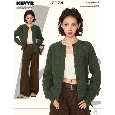 复古绿色麻花毛衣开衫外套女秋冬冬季秋装内搭短款羊毛针织衫上衣