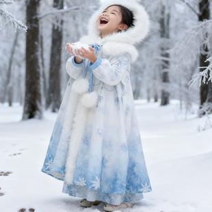 冰雪奇缘蓝色水晶加绒加厚女童汉服冬款 古风超仙加绒连衣裙斗篷