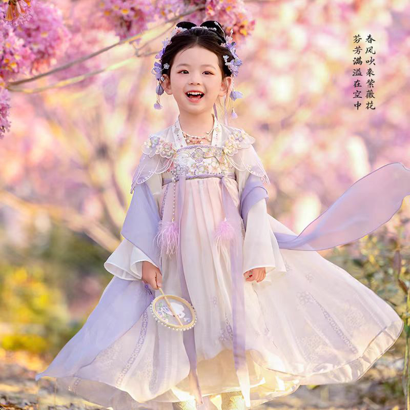 2025新款紫色春夏紫罗兰女童古装中国风唐装超仙连衣裙古风演出服