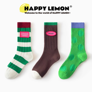 HAPPYLEMON袜子女中筒袜春秋款 袜子 棉袜日系ins潮条纹可爱秋冬款