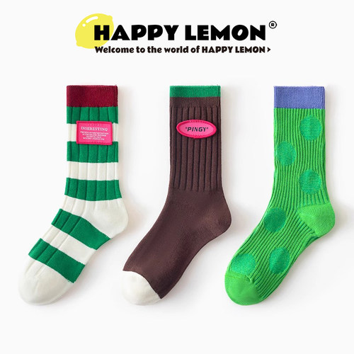HAPPYLEMON条纹中筒袜无骨缝合