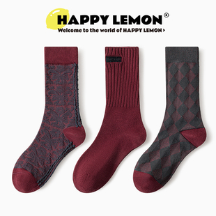 HAPPYLEMON安可拉红袜子女中筒袜春秋款 ins潮外穿可爱秋冬长棉袜