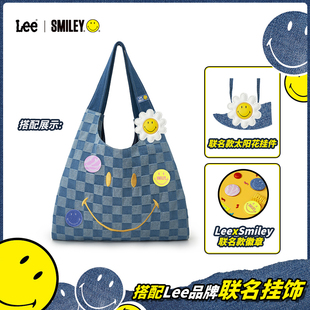 潮流女生實用單肩托特包大容量時尚 Lee×Smiley格紋購物袋新款
