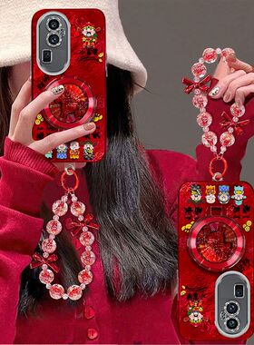 适用opporeno10手机壳PHW110带镜头膜reno10pro+保护套PHU110新年女款0pp0ren010pr0支架手链5g全包边防摔红