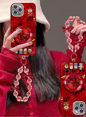 适用苹果11promax手机壳a2220带镜头膜iPhone11保护套a2223新年女款ip11pro全包边防摔5G支架手链喜庆红潮女