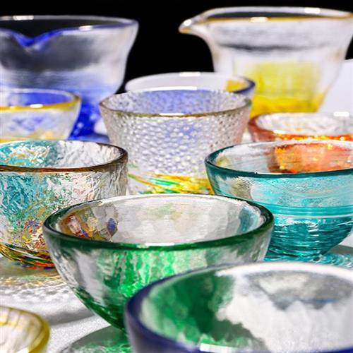 日式彩色玻璃清酒杯酒具锤目纹手工津轻玻璃杯果酒烧酒白酒小酒杯