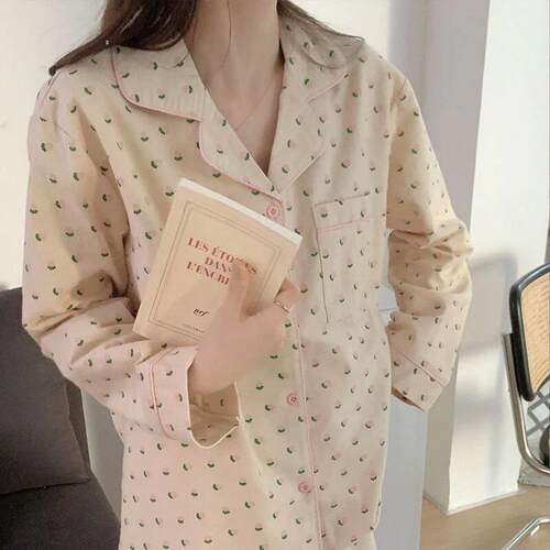 Cotton Sleepwear Korean Pajamas Women Summer Cute Heart Prin