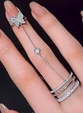 Chain butterfly rings炼条蝴蝶戒指ins简约流苏炼条一体戒指开