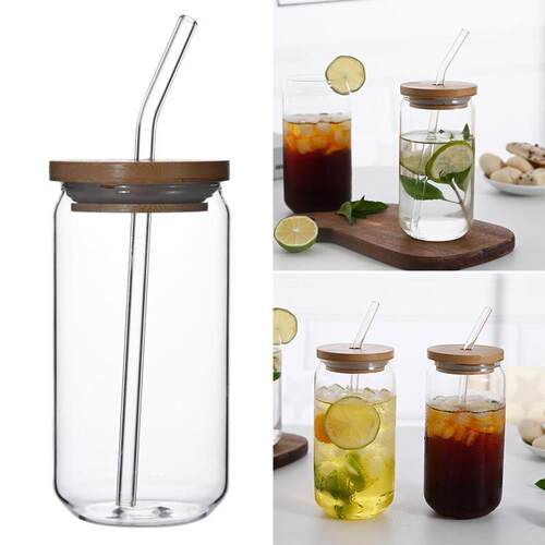 470ml/550ml Glass Cup with Bamboo Lid and Straw Bubble Tea C