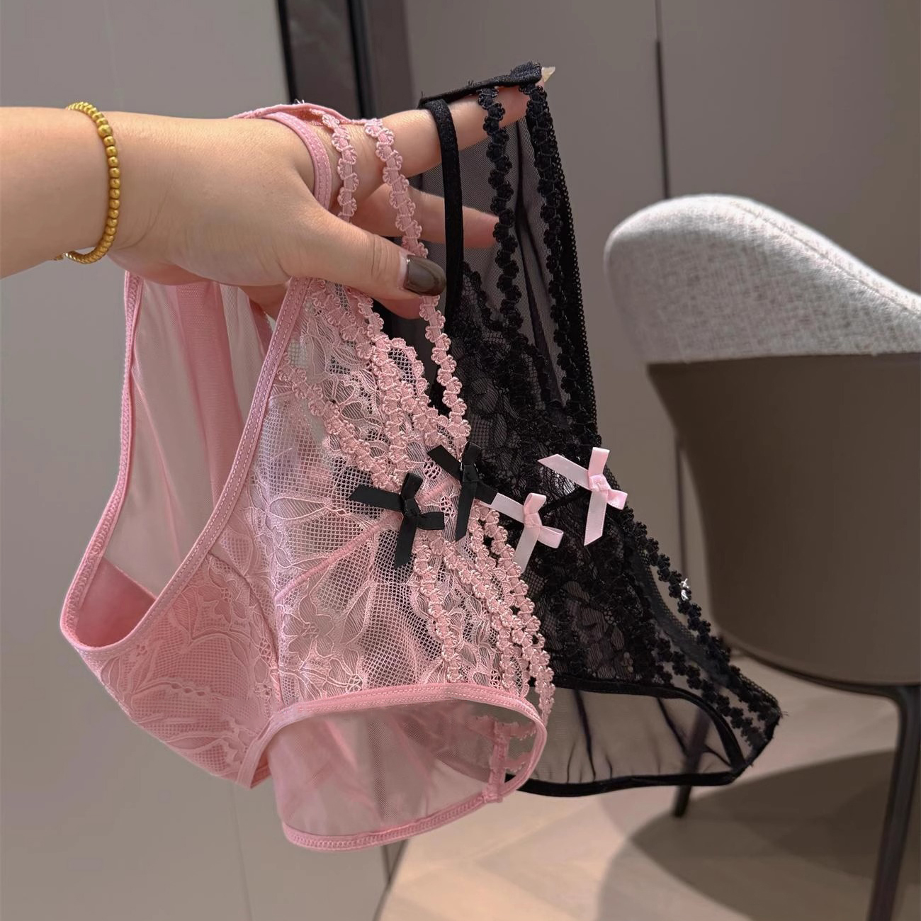 超美蕾丝刺绣内裤女2025薄款网纱精致镂空蝴蝶结透气无痕三角裤女