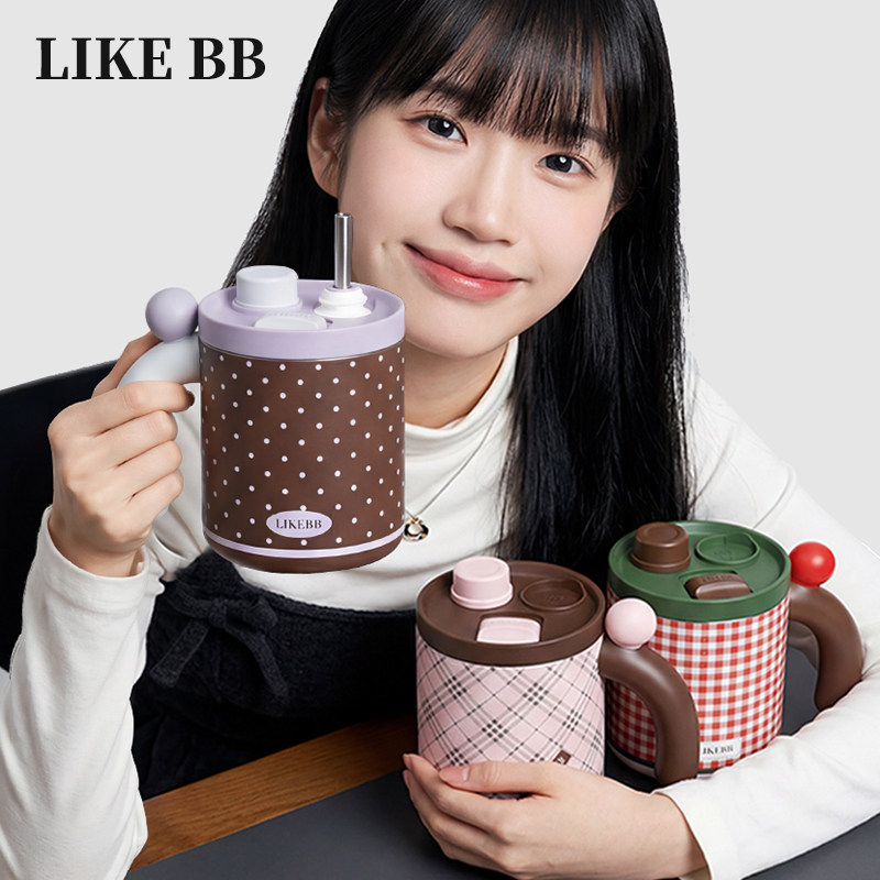 LIKEBB保温杯女生高颜值吸管水杯2026新款办公室咖啡马克杯子带盖