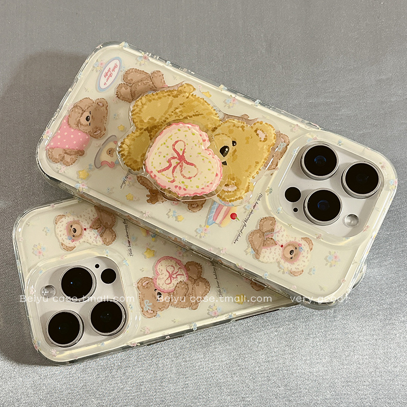 ins可爱卡通爱心小熊适用苹果16Promax手机壳带支架iphone15pro新款14小众女14pro硅胶13防摔16pro少女心全包