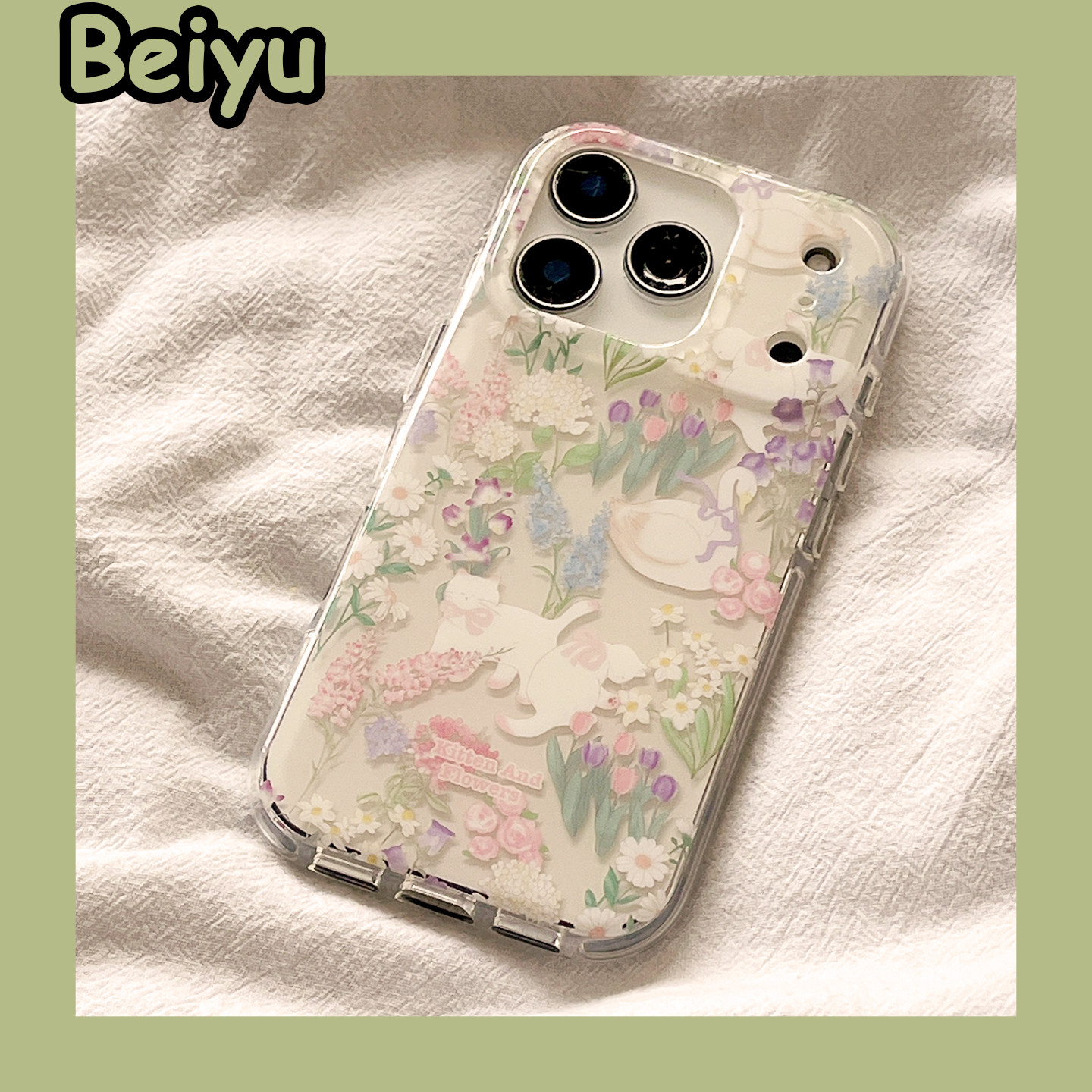 ins韩系少女花丛猫咪适用苹果17Promax手机壳iphone16pro新款13小众16pm网红15pm硅胶17pro创意14网红15全包