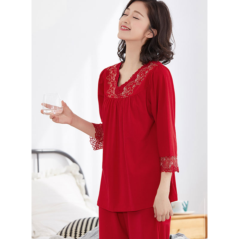 女士睡衣春秋季纯棉大红色结婚蕾丝套装本命年长袖女家居服外穿