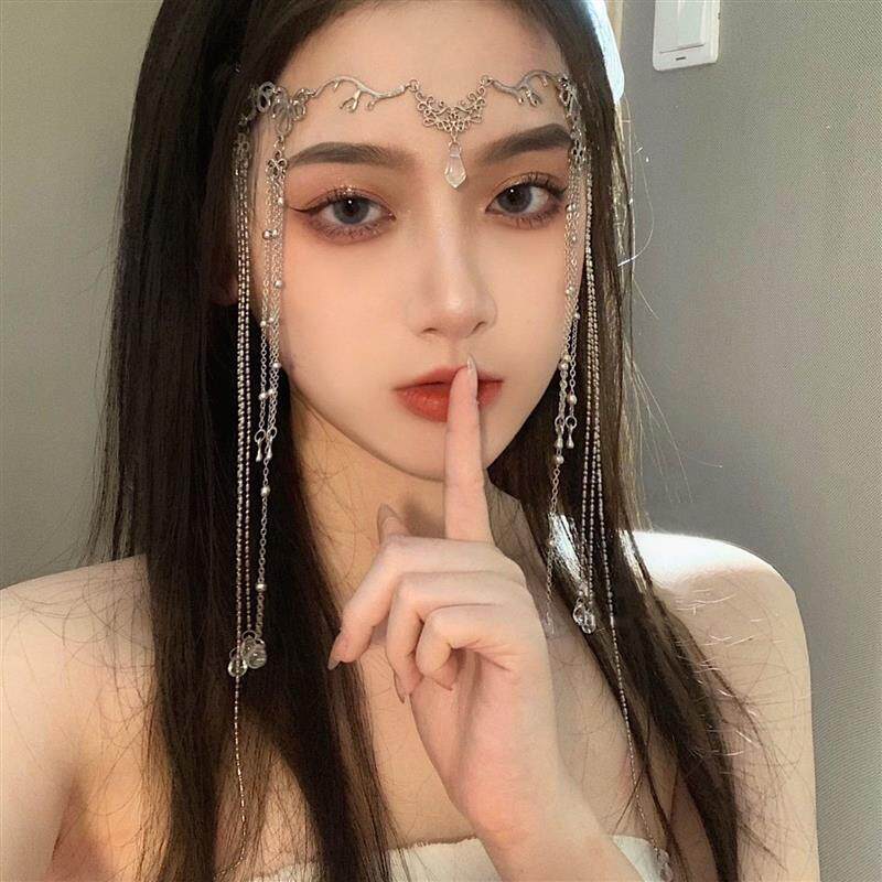 仙入心坎~复古手工水滴流苏发簪面帘额饰眉心坠汉服古风发饰头链