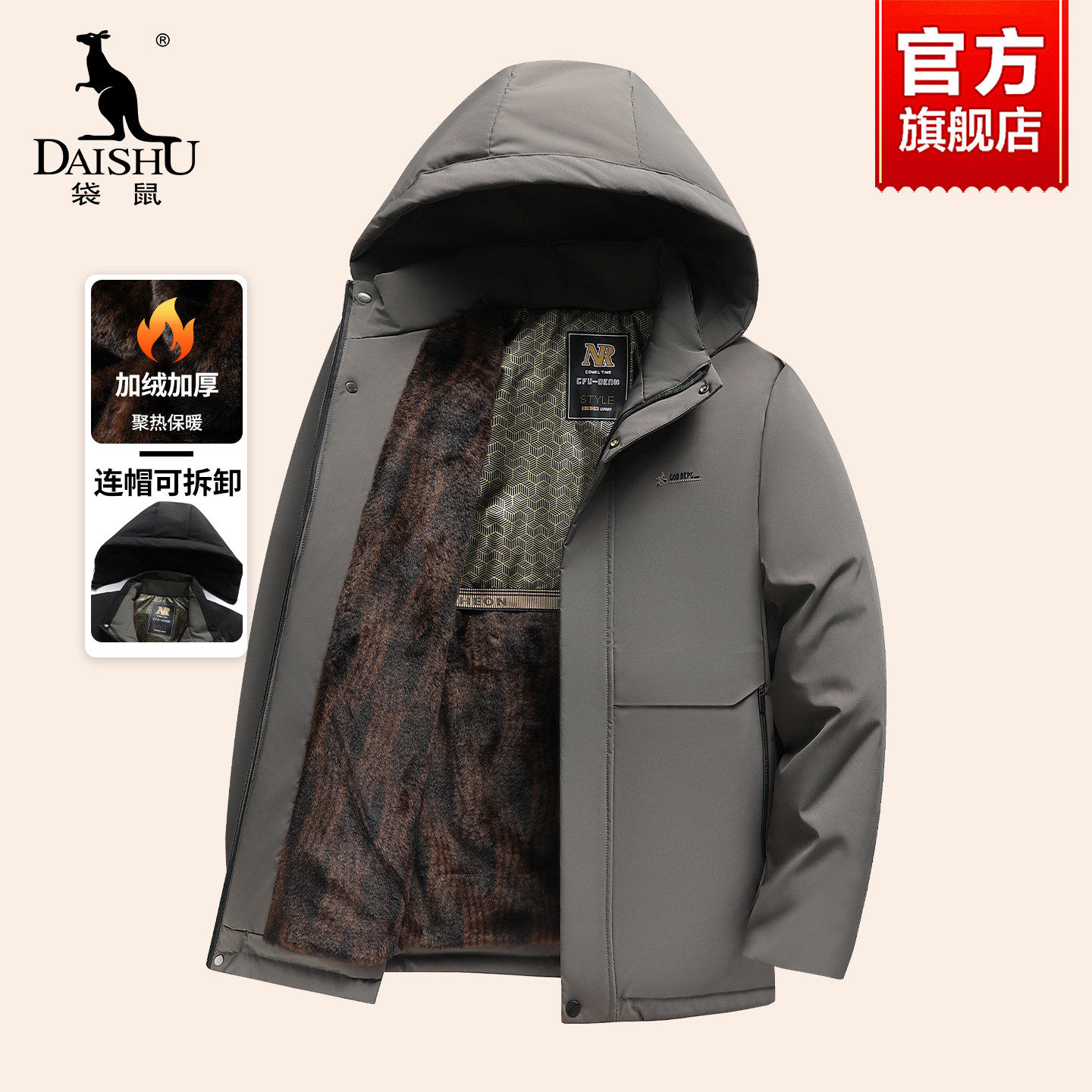 袋鼠棉服男款冬季新款加绒加厚蓄热防寒保暖中老年爸爸装棉衣外套