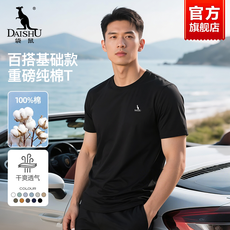袋鼠230g重磅纯棉短袖t恤男士2025夏季新款圆领高端亲肤透气上衣