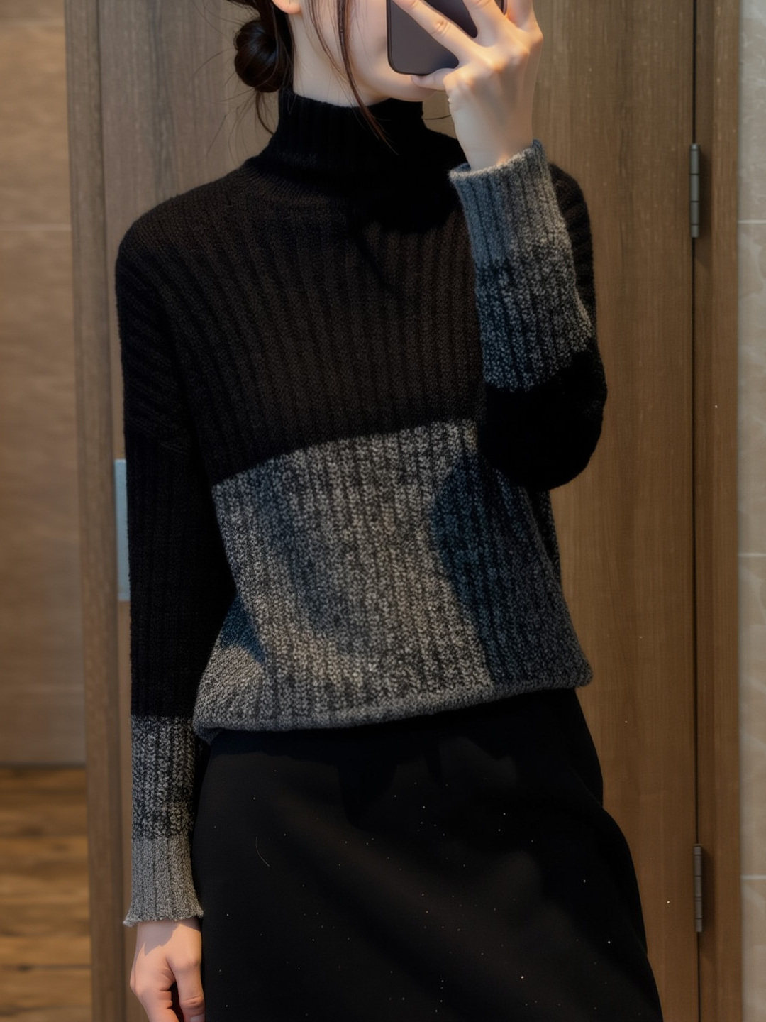 2025冬季新款女装高领拼色设计感加厚坑条针织毛衣宽松长袖打底衫