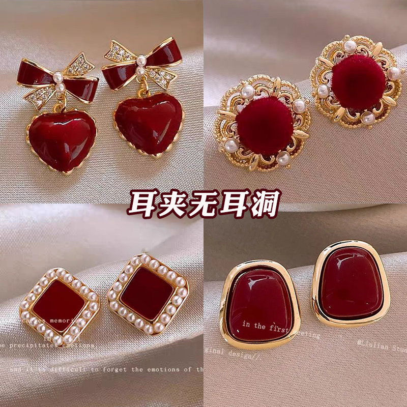 新年过年酒红色耳夹无耳洞