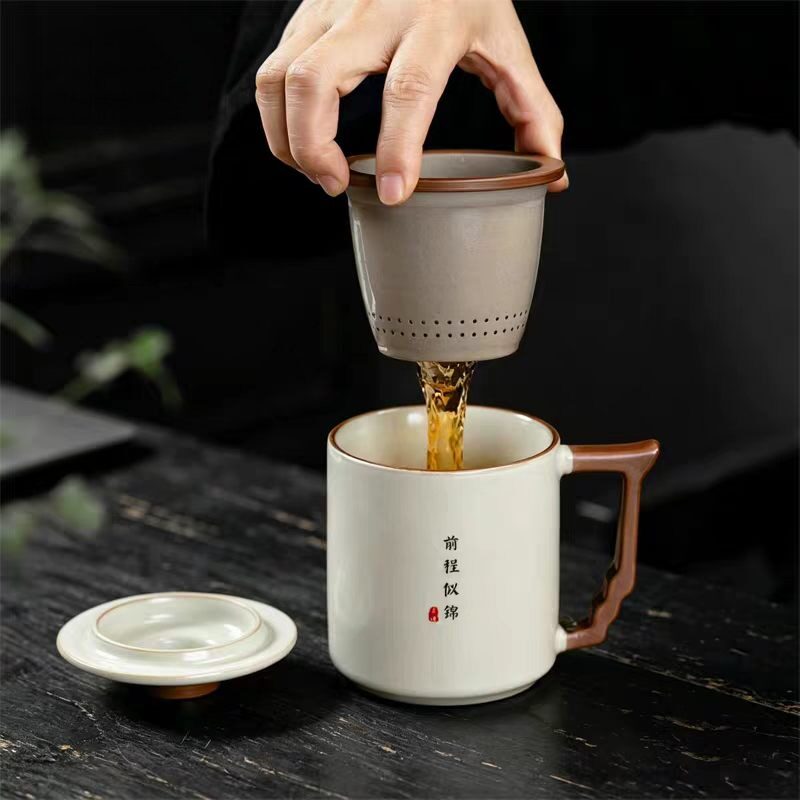 新款汝窑马克杯礼盒装陶瓷茶水带