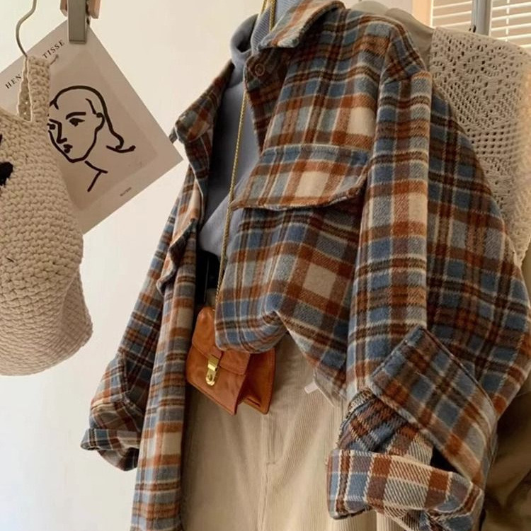 撞色格纹毛呢衬衫女秋冬季2025新款复古叠穿内搭格子衬衣翻领上衣