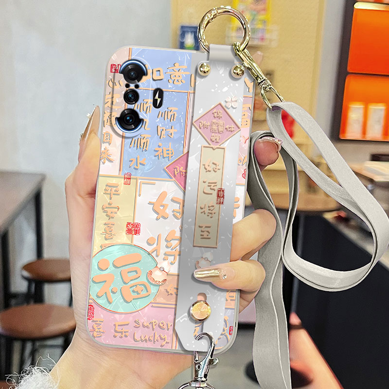 适用于红米K40游戏增强版手机壳M2012K10C液态腕带支架好运将至简约中国风全包直边保护套新款背带软壳磨砂潮