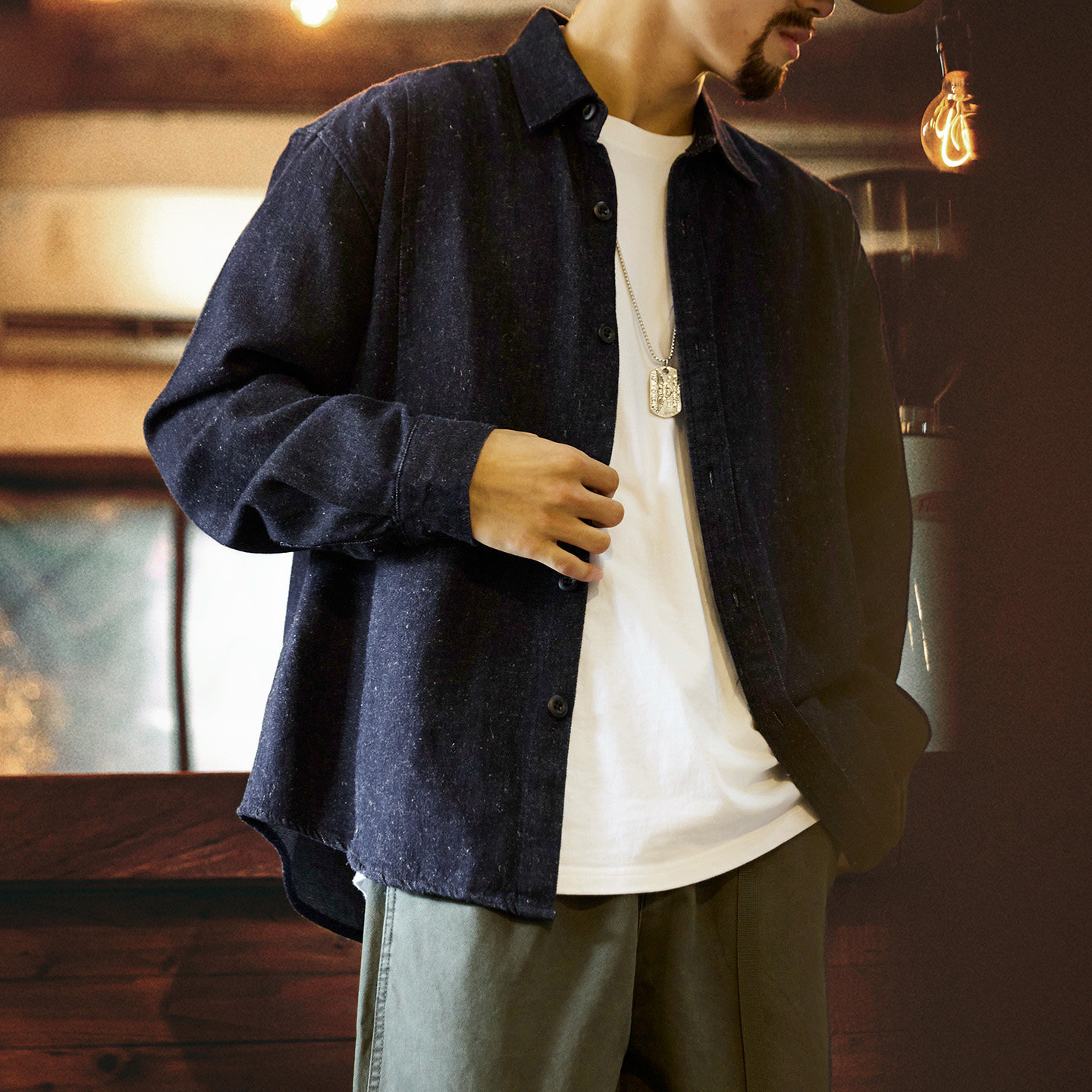 宇透防褪色亚麻长袖牛仔衬衫男士秋季美式复古休闲翻领衬衣外套男