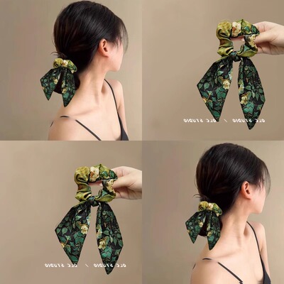 梵高的野玫瑰~绿色蝴蝶结马尾打结发圈绑头发肠头绳女夏盘发器