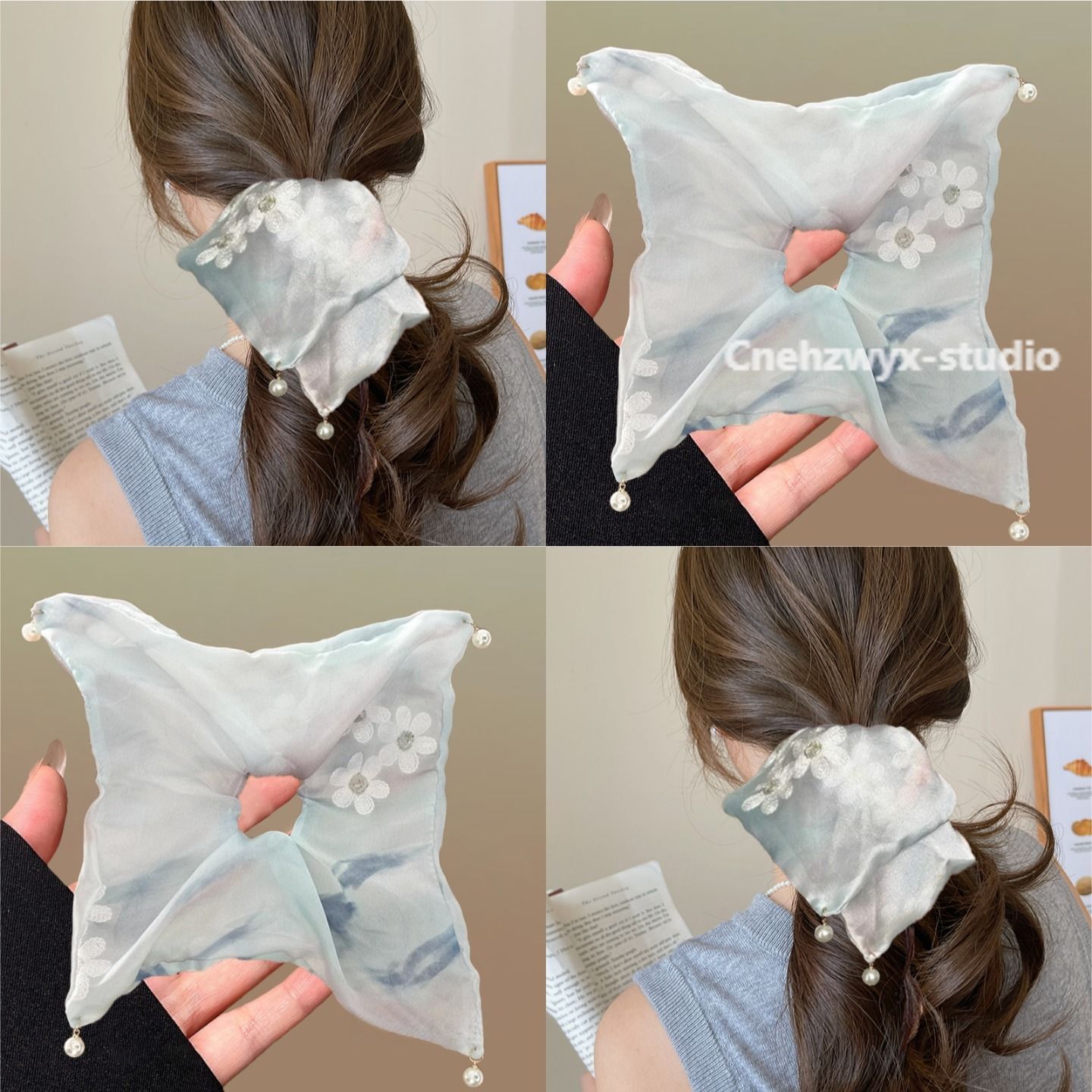 清风蓝缕~纯色刺绣花朵发绳高级感方形发圈时尚百搭头绳盘发器