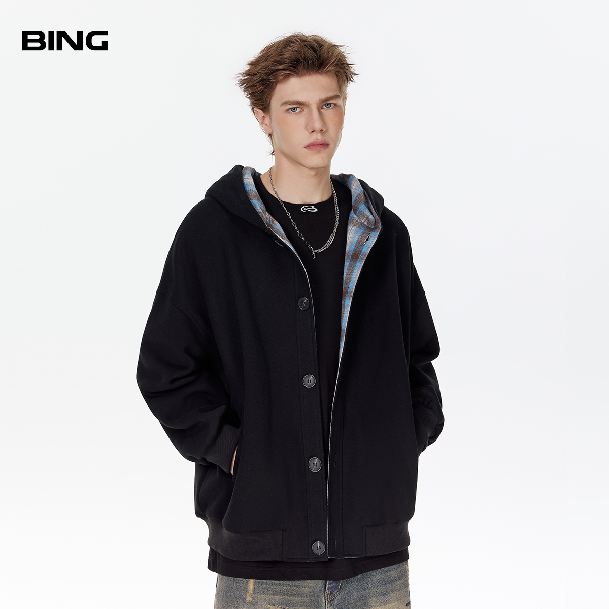 BING格子拼接卫衣外套男