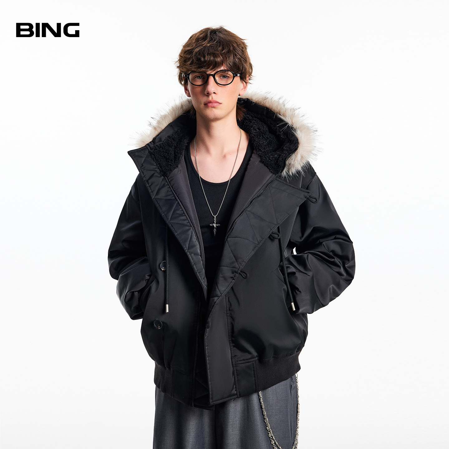 美式黑色机能风毛领派克棉服男