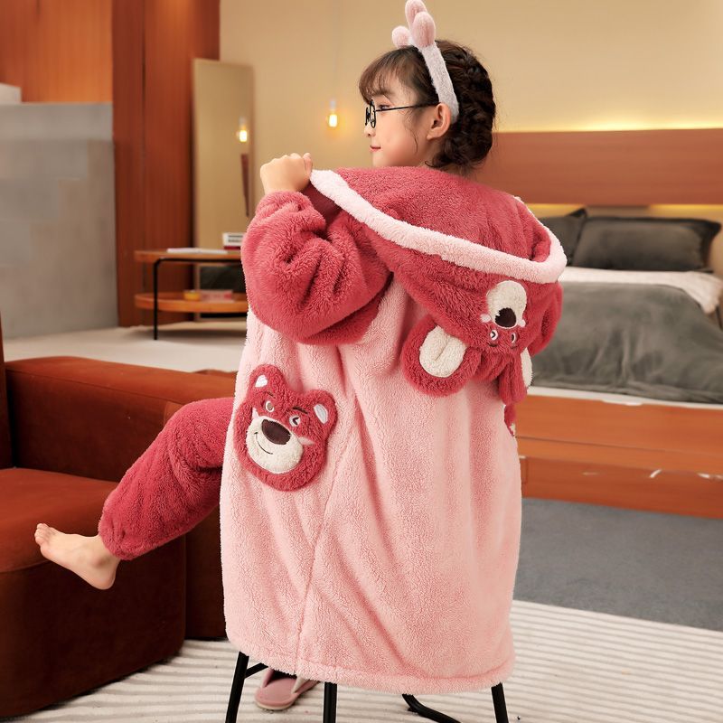 儿童法兰绒睡衣女袍冬季