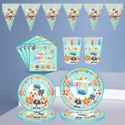 蓝色狗狗主题派对桌布可爱卡通动物生日party装饰亚马逊桌布餐具