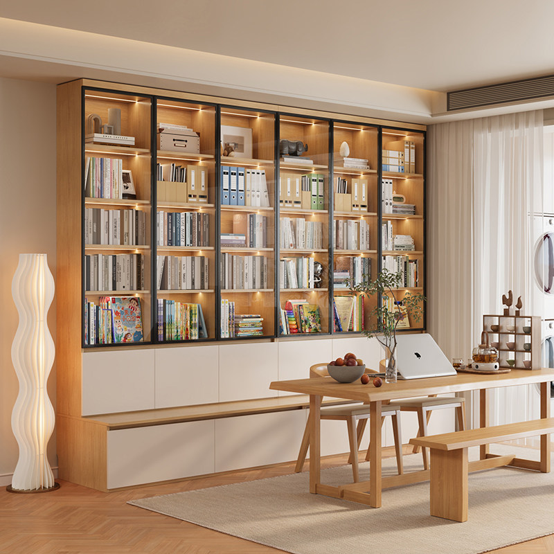 客厅实木卡座书柜带玻璃门整墙一体到顶定制尺寸家用靠墙收纳柜子,住宅家具,单个书柜,淘宝优惠券,粉丝福利购,淘宝优惠卷