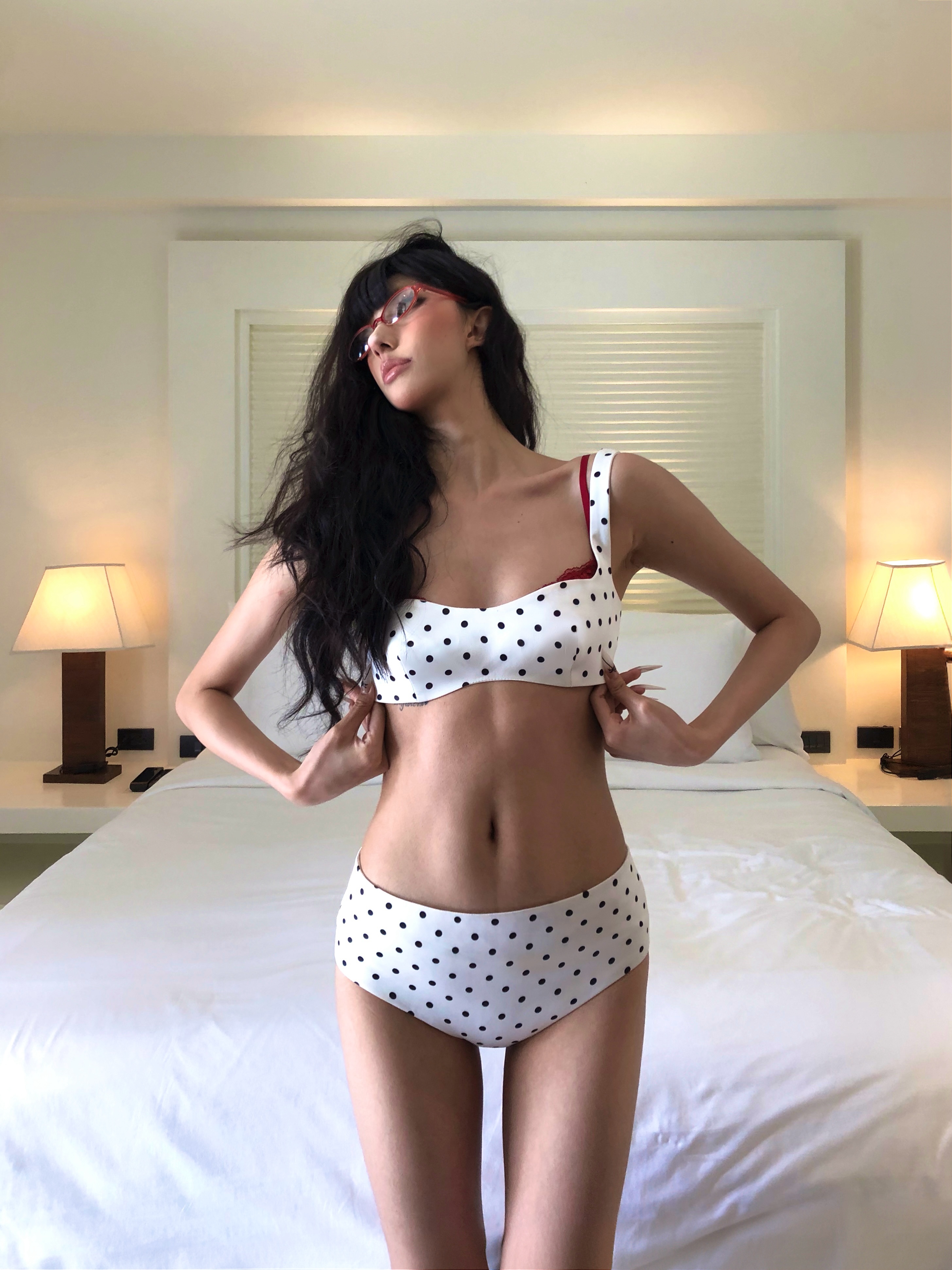 Se flatter 波点叠穿小吊带内搭短款套装重磅双层醋酸缎可调节扣